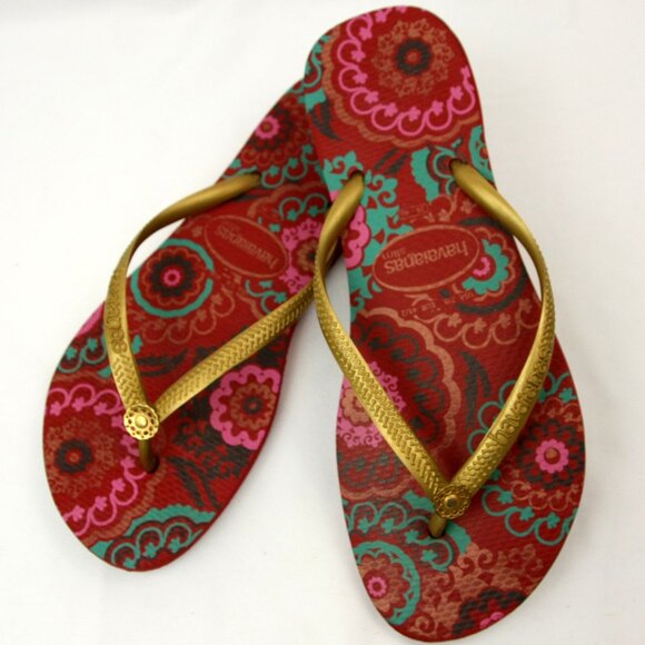 Havaianas Slim Red Floral Gold Straps Flip Flops Thongs Sandals 7 8 Beach Casual - Picture 1 of 9